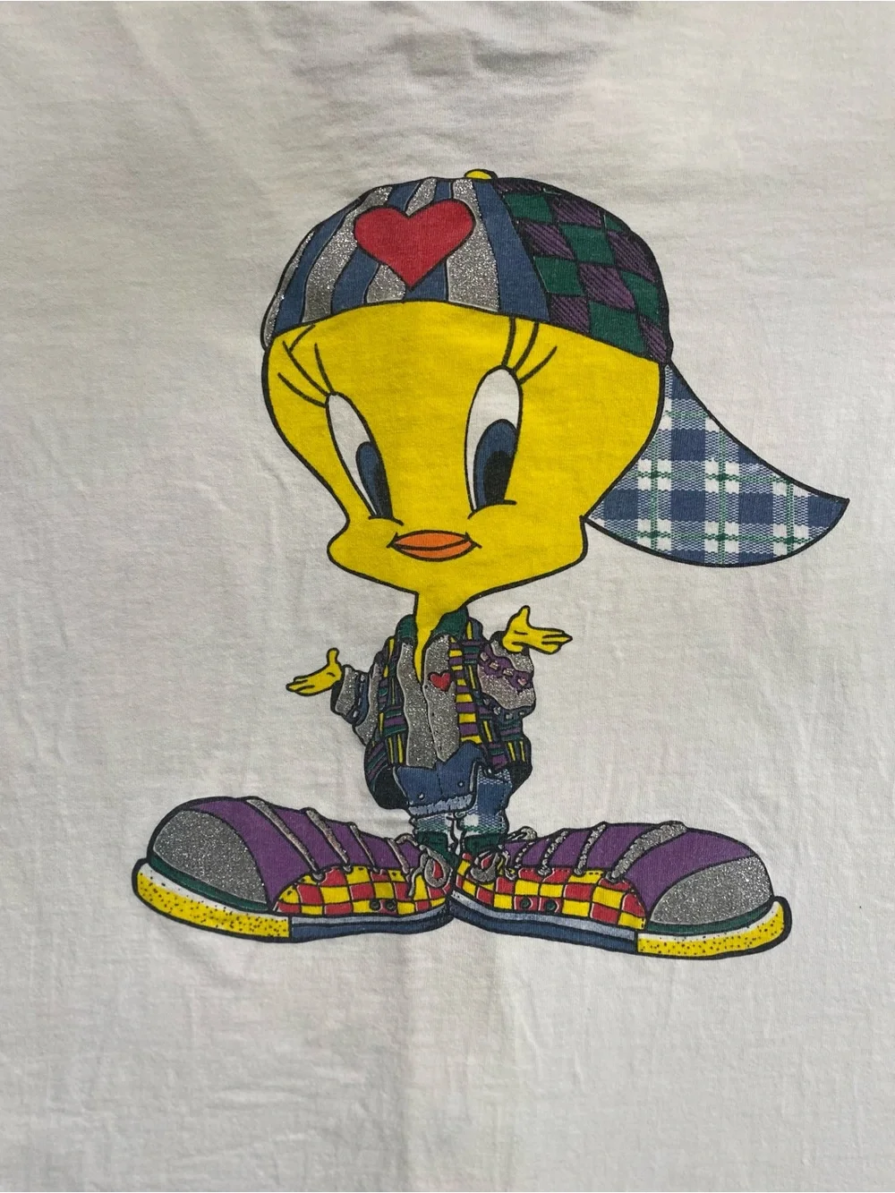 Vintage 90s Warner Bros Looney Tunes Tweety White Baseball Jersey Size Large